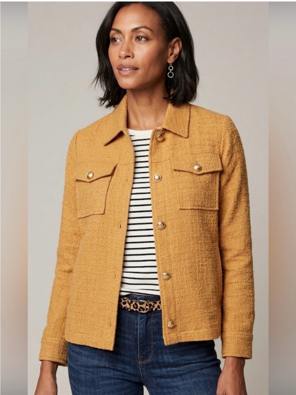J. Jill Mustard Textured Bouclé Shirt Jacket Honey Medium Petite gold buttons